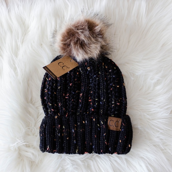 C.C Beanie Confetti Fuzzy Fur Lined Pom Hat - Picture 5 of 5